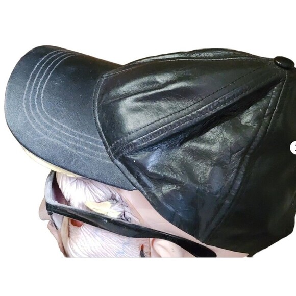 Vintage Black Leather Baseball Cap Hook & Loop Back - Picture 2 of 6